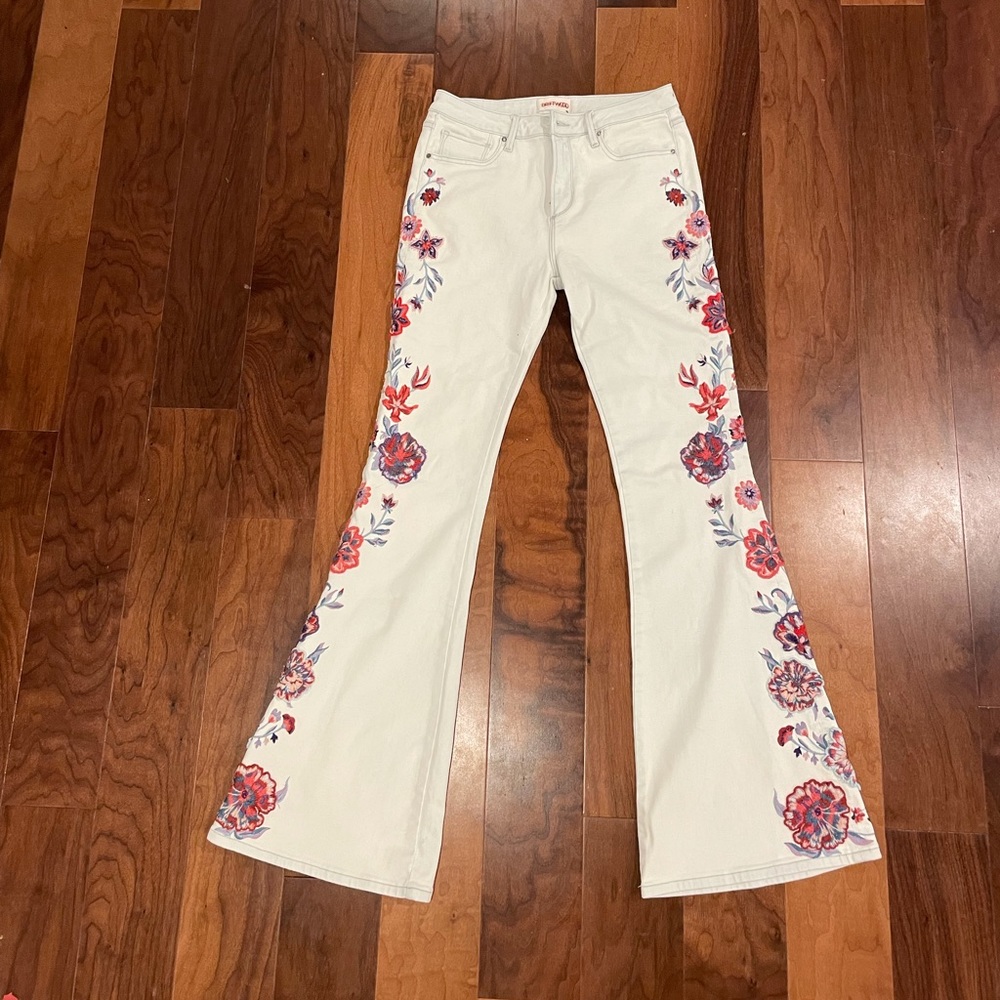 Driftwood flare jeans with floral embroidery